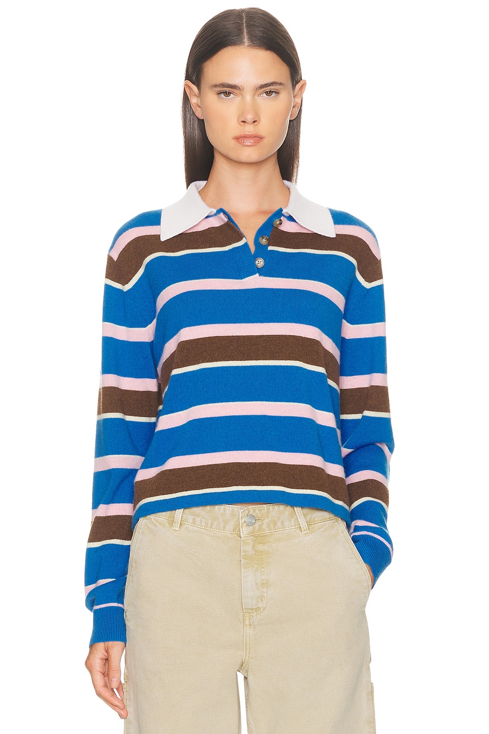 Guest In Residence Cropped Stripe Rugby Polo Top in Twilight Combo - Blue. L also in