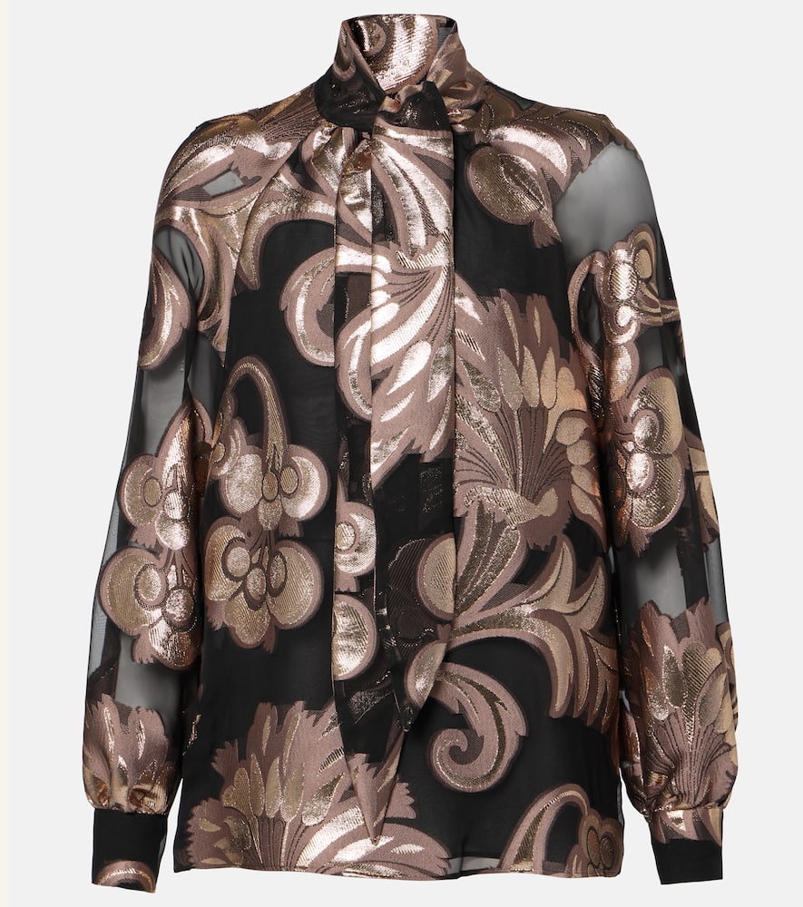 Semi-sheer tie-neck lamé blouse