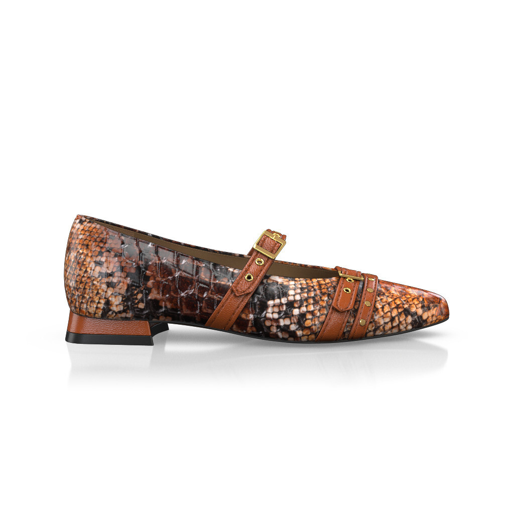 Ballerines pointues Chaussures plates Femme Faites main en Italie en Cuir Marron & Orange Imprimé animal - Sur Mesure, Petit, Boucles - GIROTTI