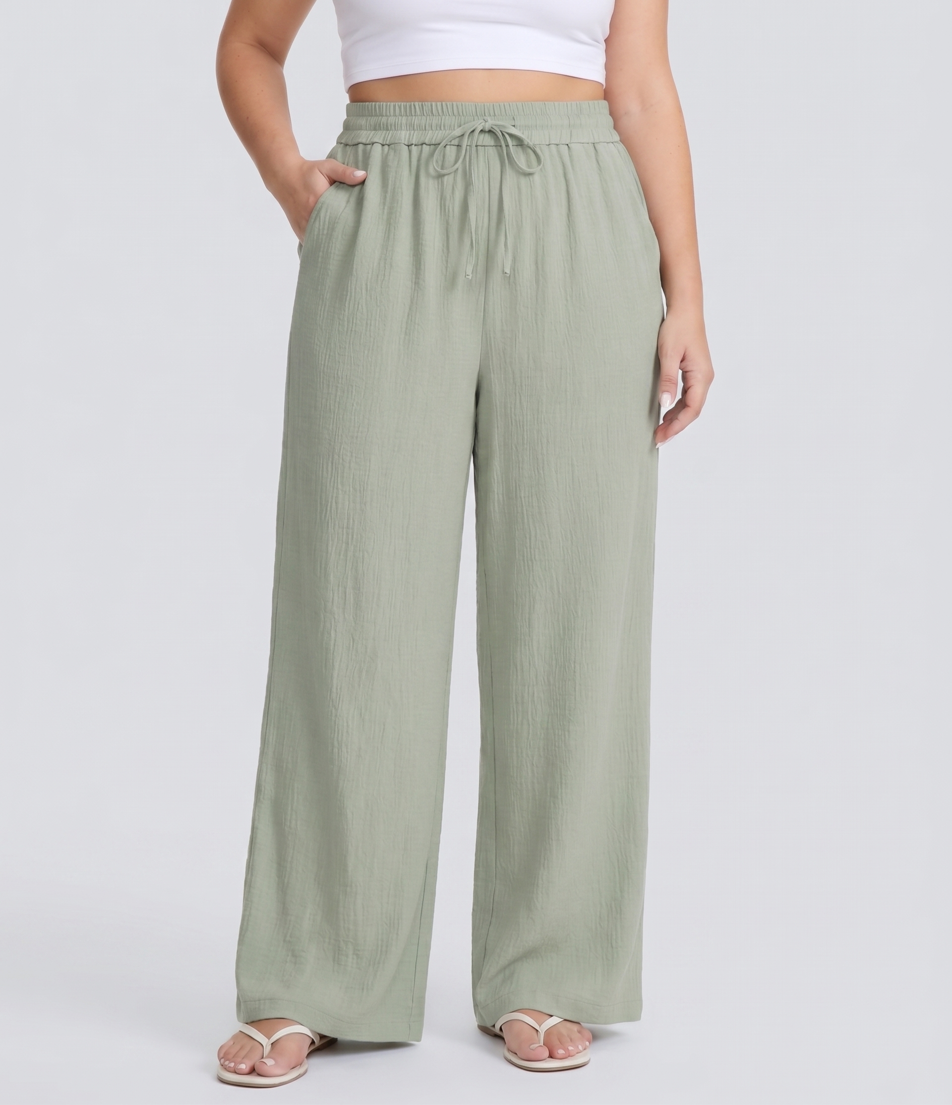 High Waisted Drawstring Linen-Feel Wide Leg Casual Plus Size Pants with Pockets  - Thin Mint - Seafoam