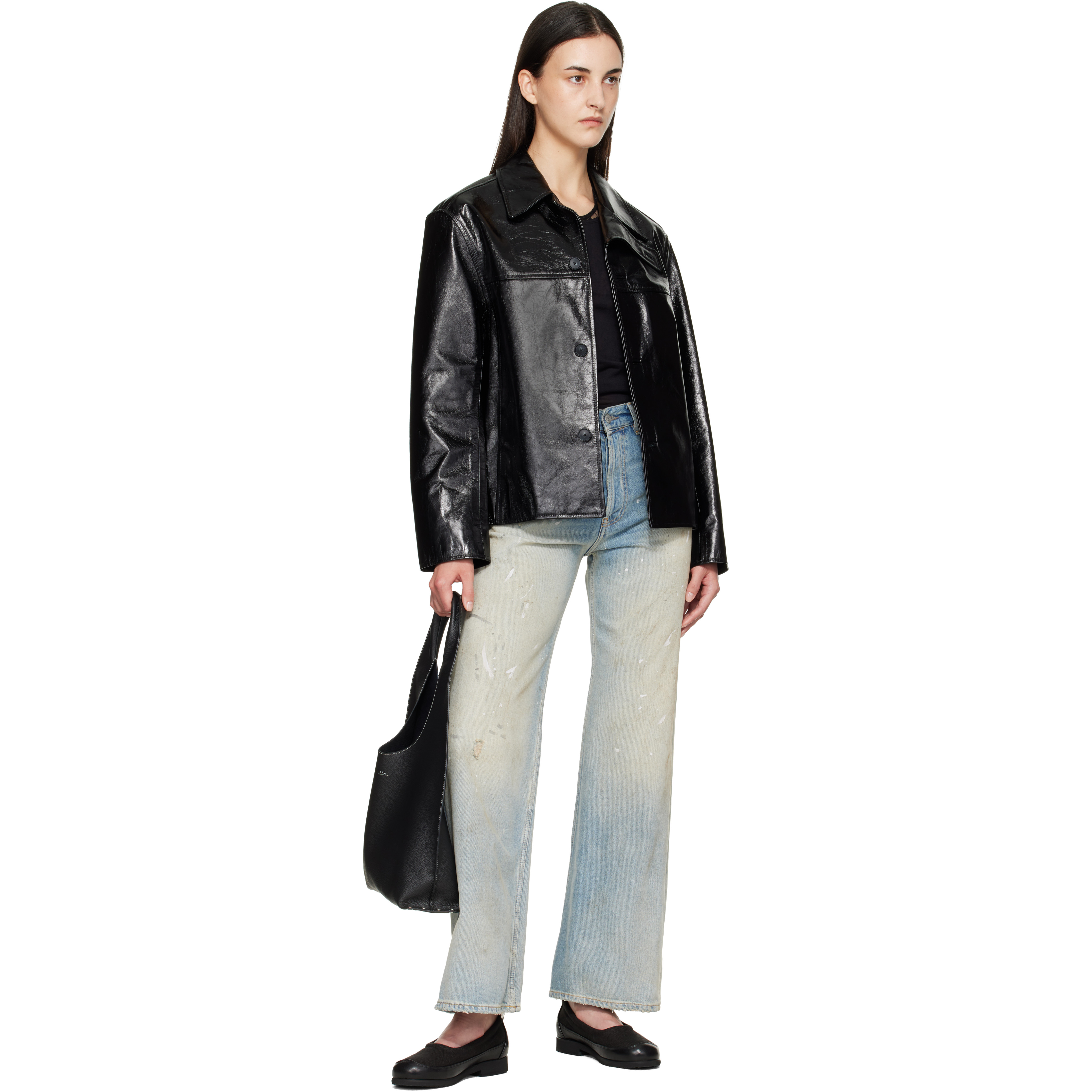 Black Curve Flap Leather Jacket