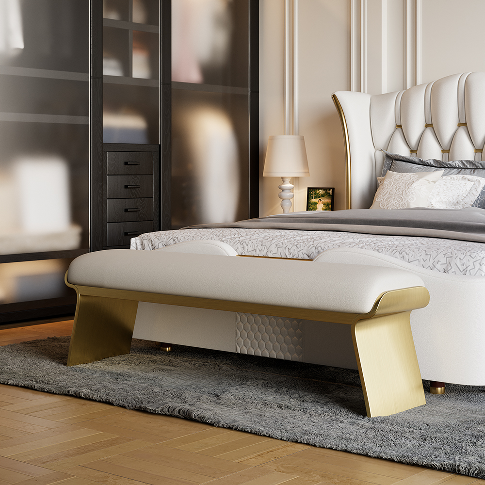 Beige Modern Stainless Steel Bench Leath-Aire Upholstered Bedroom Long Bench