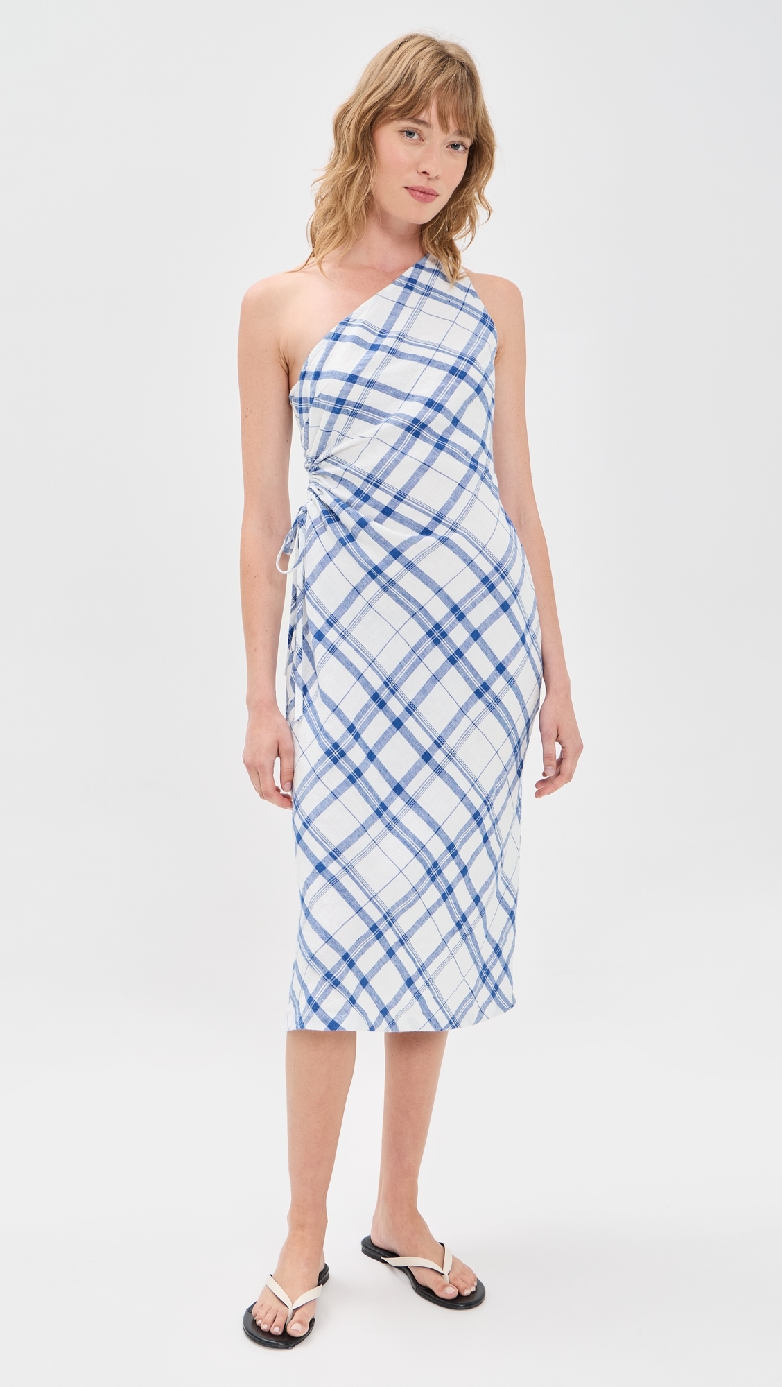 One Shoulder Plaid Maxi Dress Blue And White Plaid