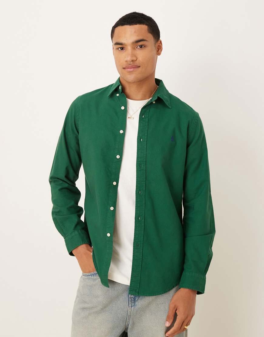 Icon logo slim fit garment dyed oxford shirt in dark green