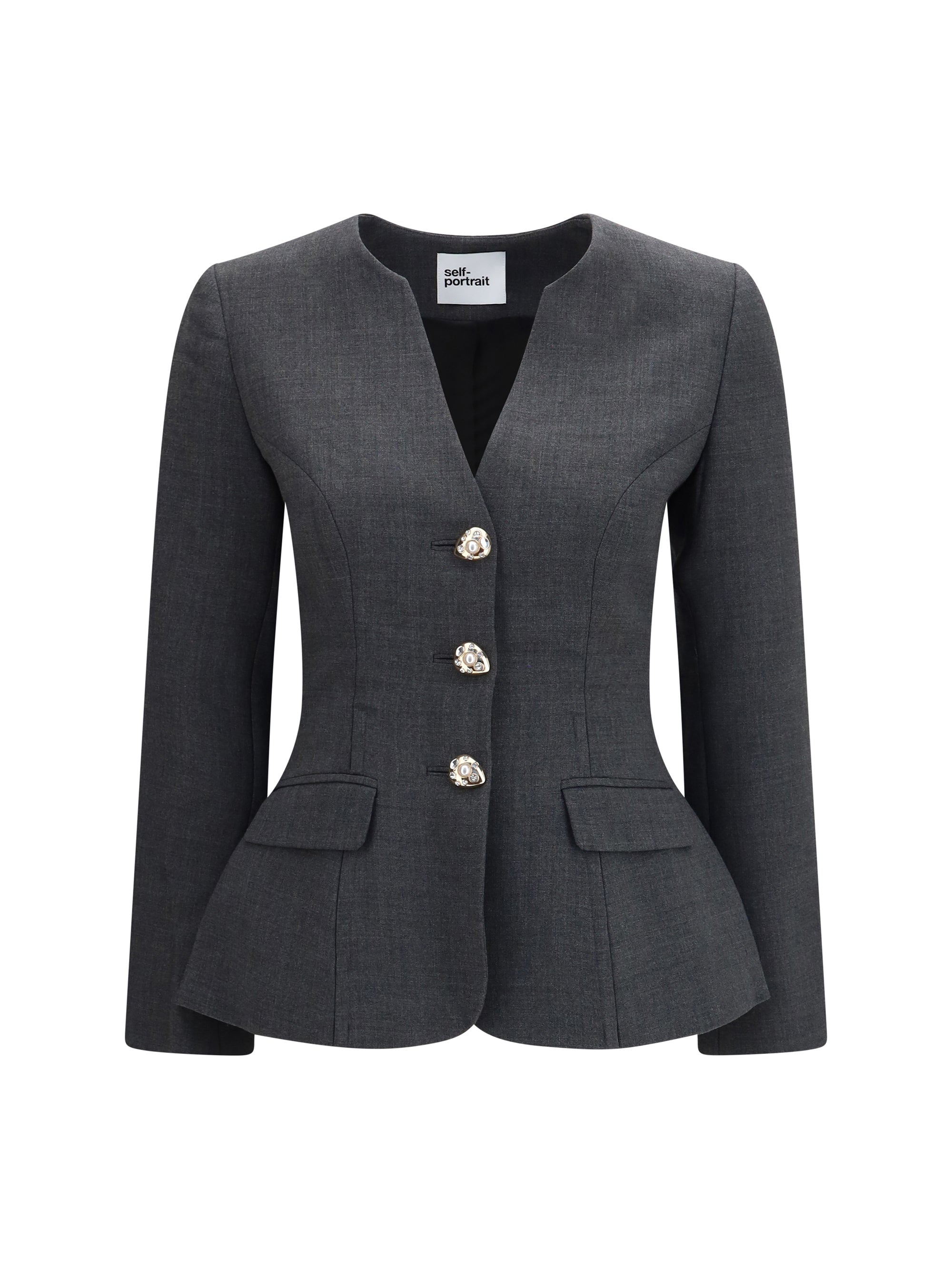 Collarless Wool Blazer — Gray