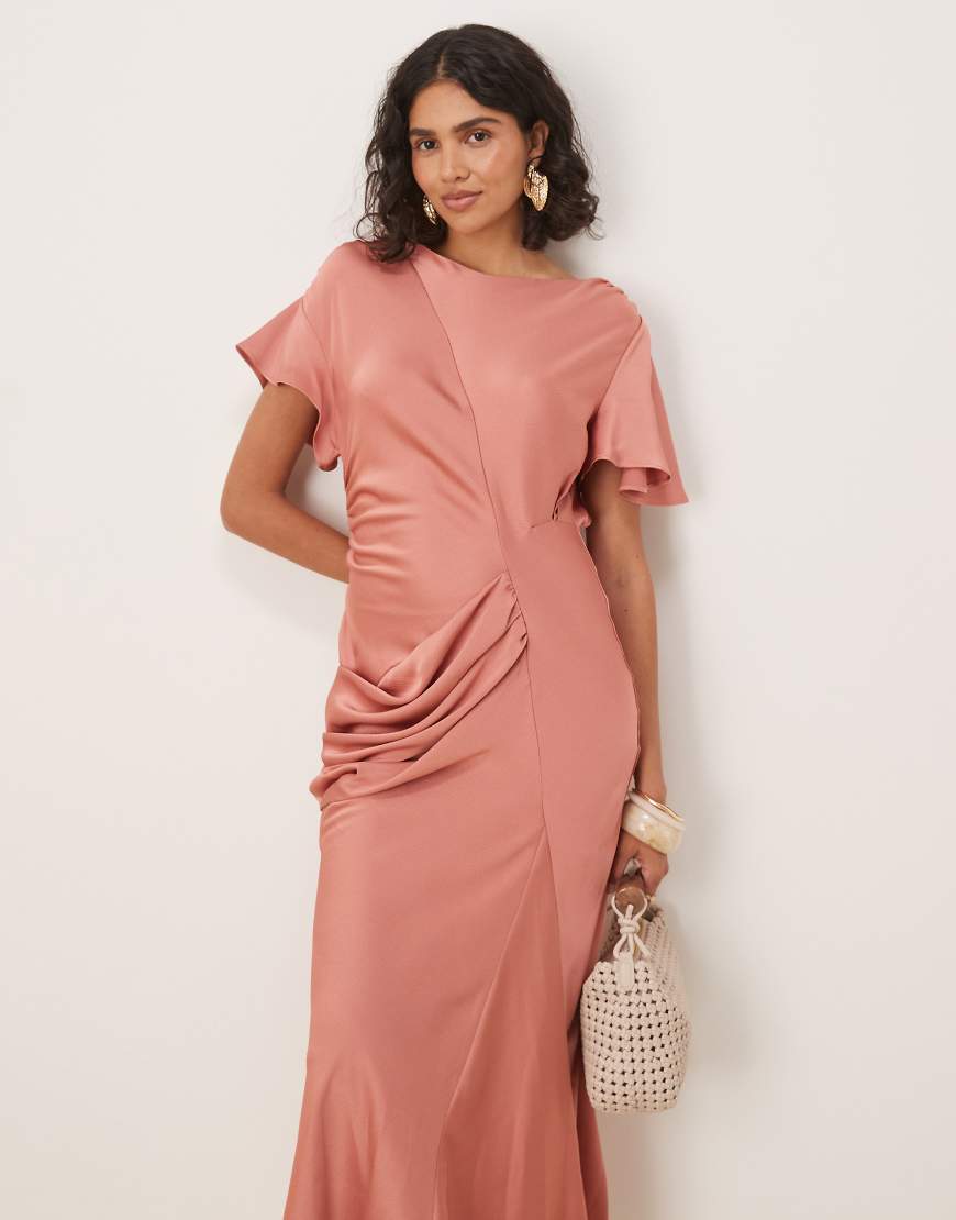 ASOS DESIGN satin flutter sleeve maxi dress in dusky rose-Pink