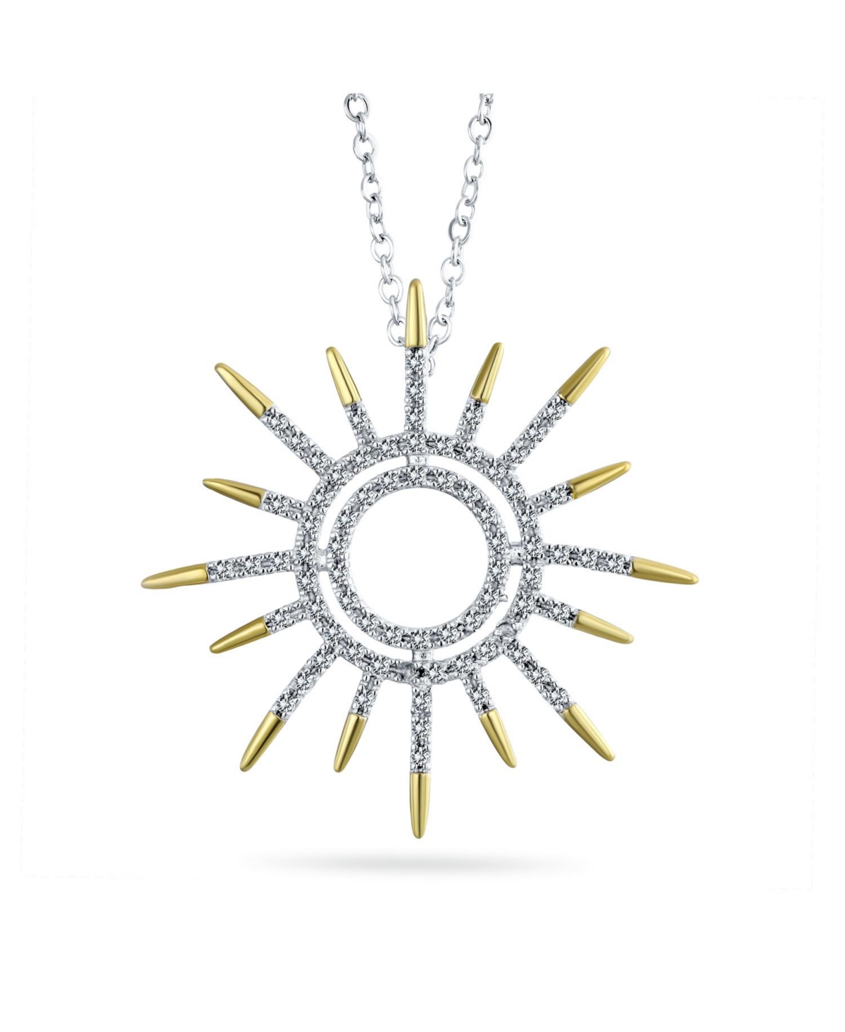 Summer Flaming Sunshine Two Tone Micro Pave Cz Starburst Celestial Sunburst Pendant Necklace 14K Gold Brass - Two-tone