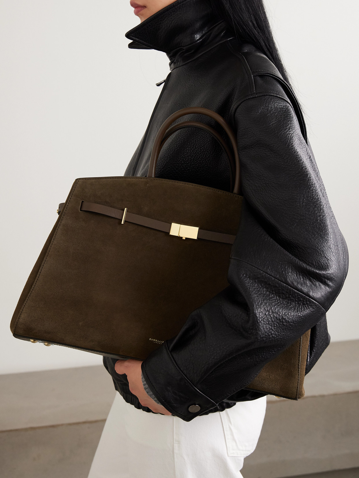 The Hudson Leather-trimmed Suede Tote - Taupe