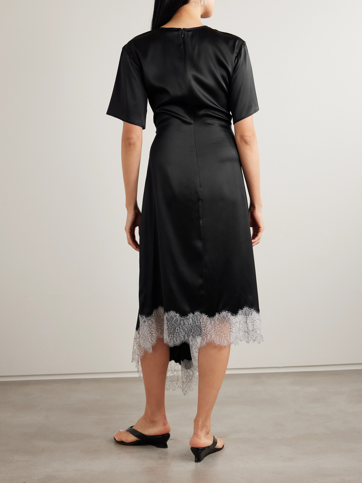 Sonoma Asymmetric Gathered Lace-trimmed Silk-blend Satin Midi Dress - Black