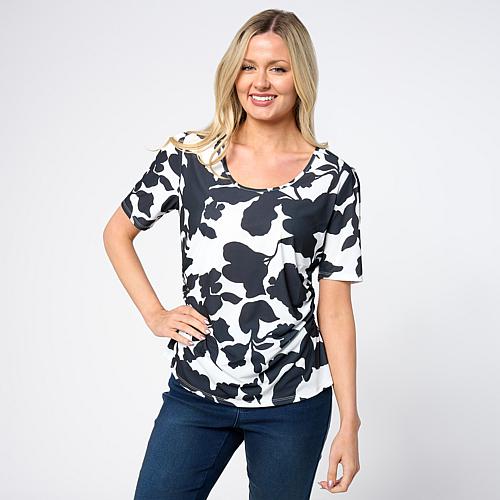 Jaclyn Smith Scoop Neck Side Ruched Tee - Tobacco Brown Combo