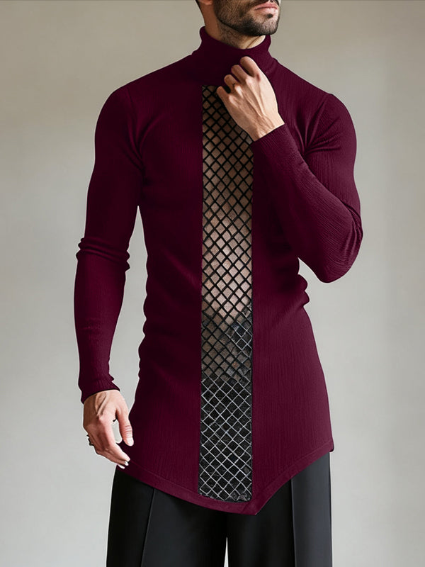 Men's Sheer Mesh Patchwork Knit Long Sleeve T-shirt SKUL45326 - Wine Red / S