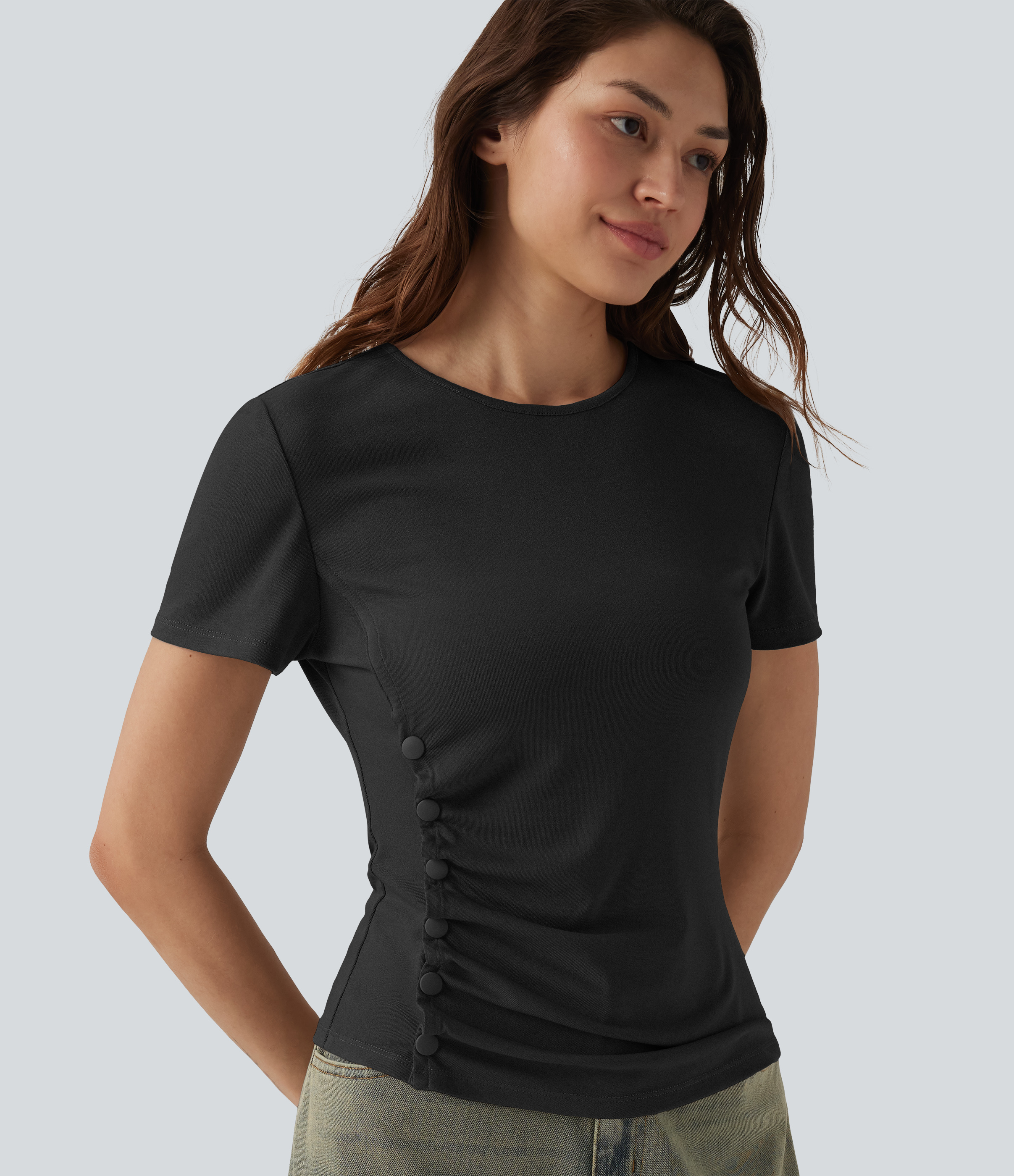 Round Neck Short Sleeve Snap Button Casual T-Shirt  - Black