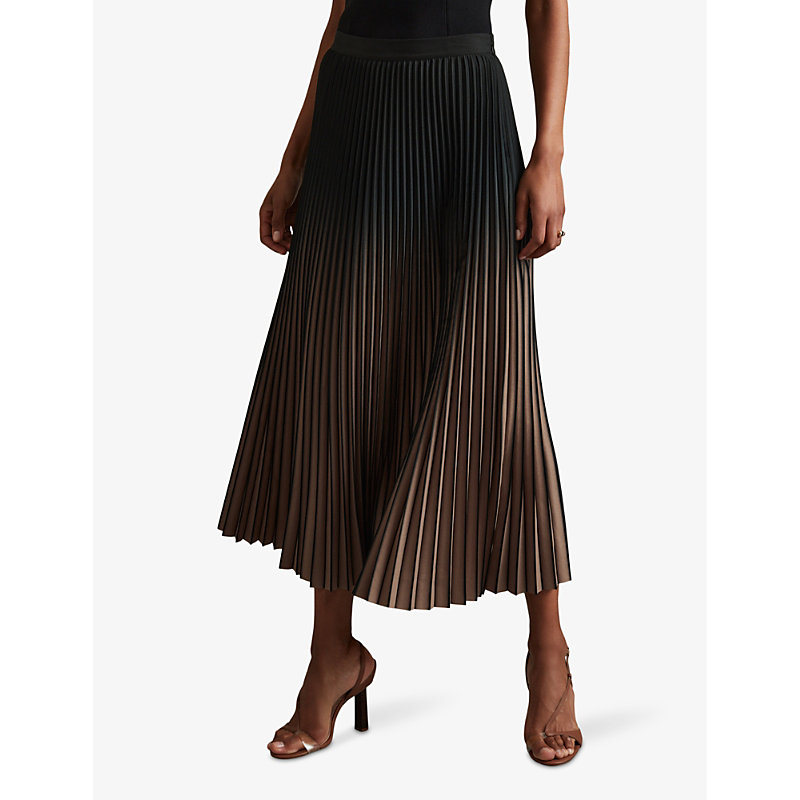 Womens Black/taupe Marlie Ombre-print Pleated Woven Midi Skirt