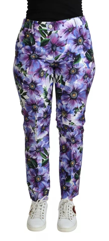 Dolce & Gabbana Purple Floral Print Tapered Cotton Women's Pants Pre-Owned