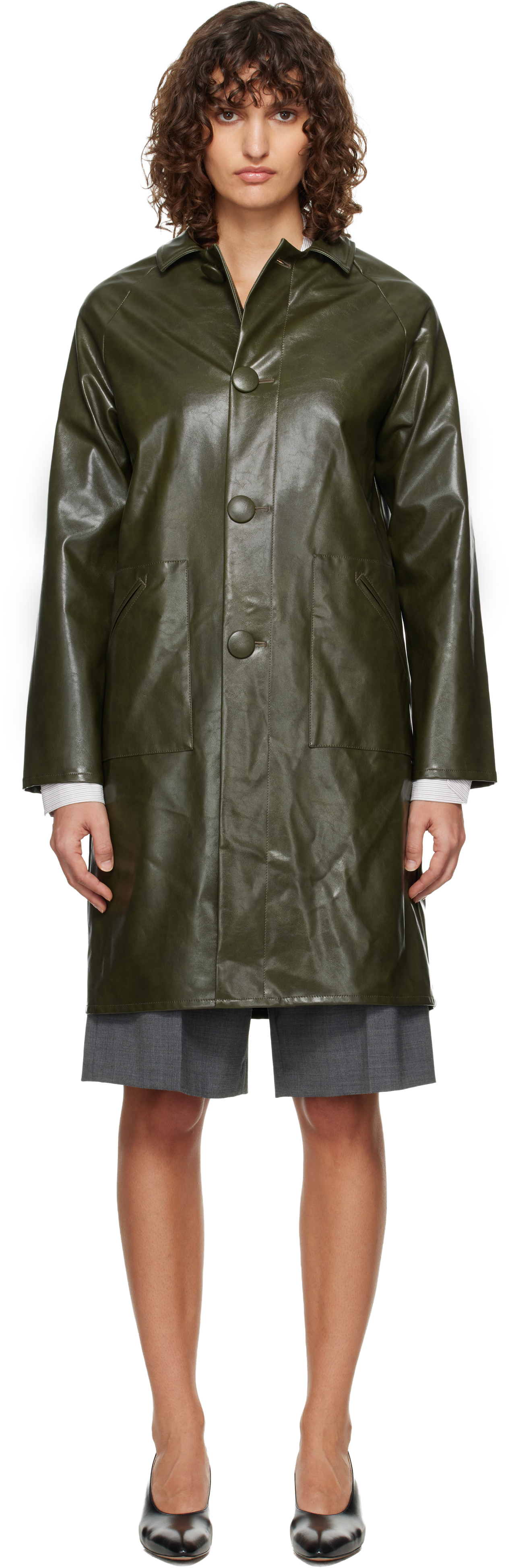 Khaki Raglan Faux-Leather Coat