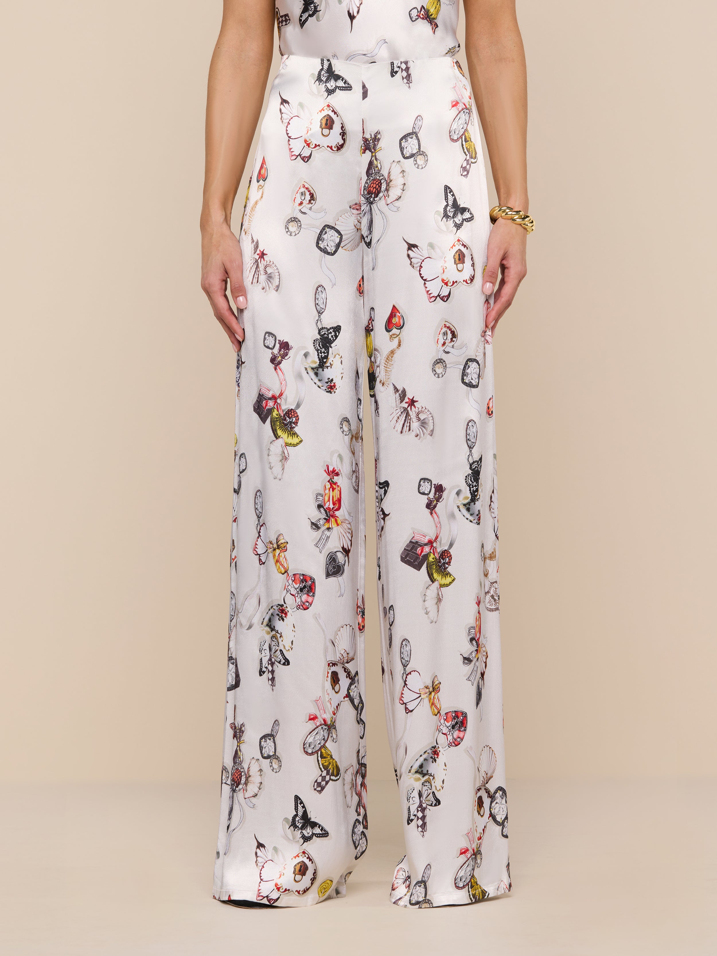 Kimia Satin Pants In Ecru Multi Lock Butterfly