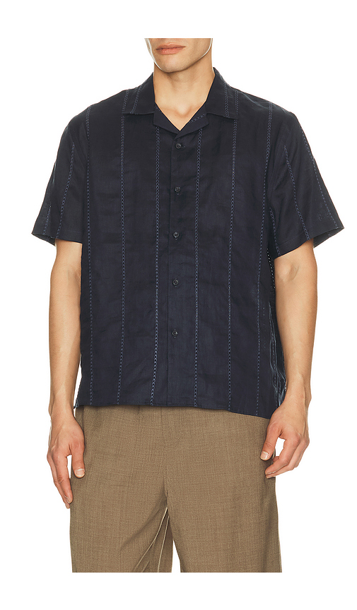Vince Linen Eyelet Stripe Short Sleeve Cabana Shirt in Navy. M. Also in L, S, XL/1X, XXL/2X