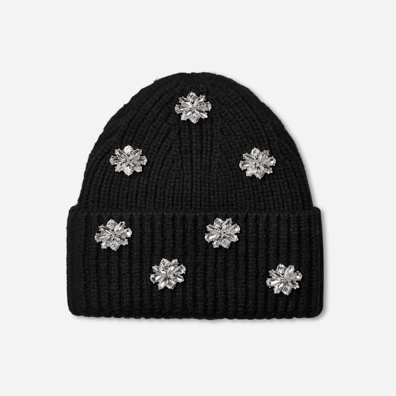 ® Women's Embellished Knit Cuff Beanie Acrylic Blend Hats in Black