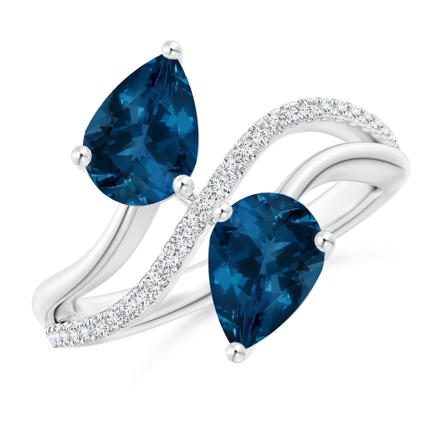 Angara 3.8 Carats Pear-Shaped London Blue Topaz Two-Stone Bypass Ring in Platinum