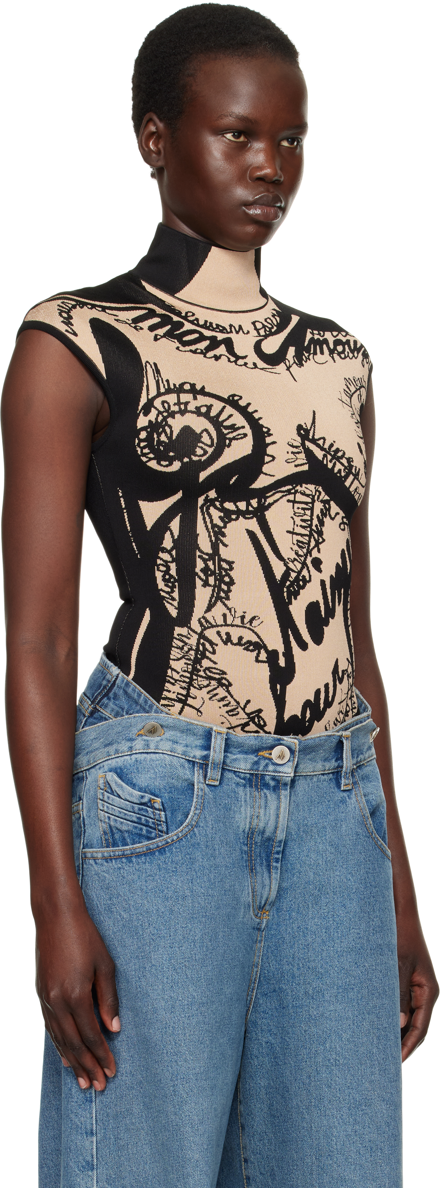 Balmain Black & Beige Jacquard Knit Torso Motif Bodysuit
