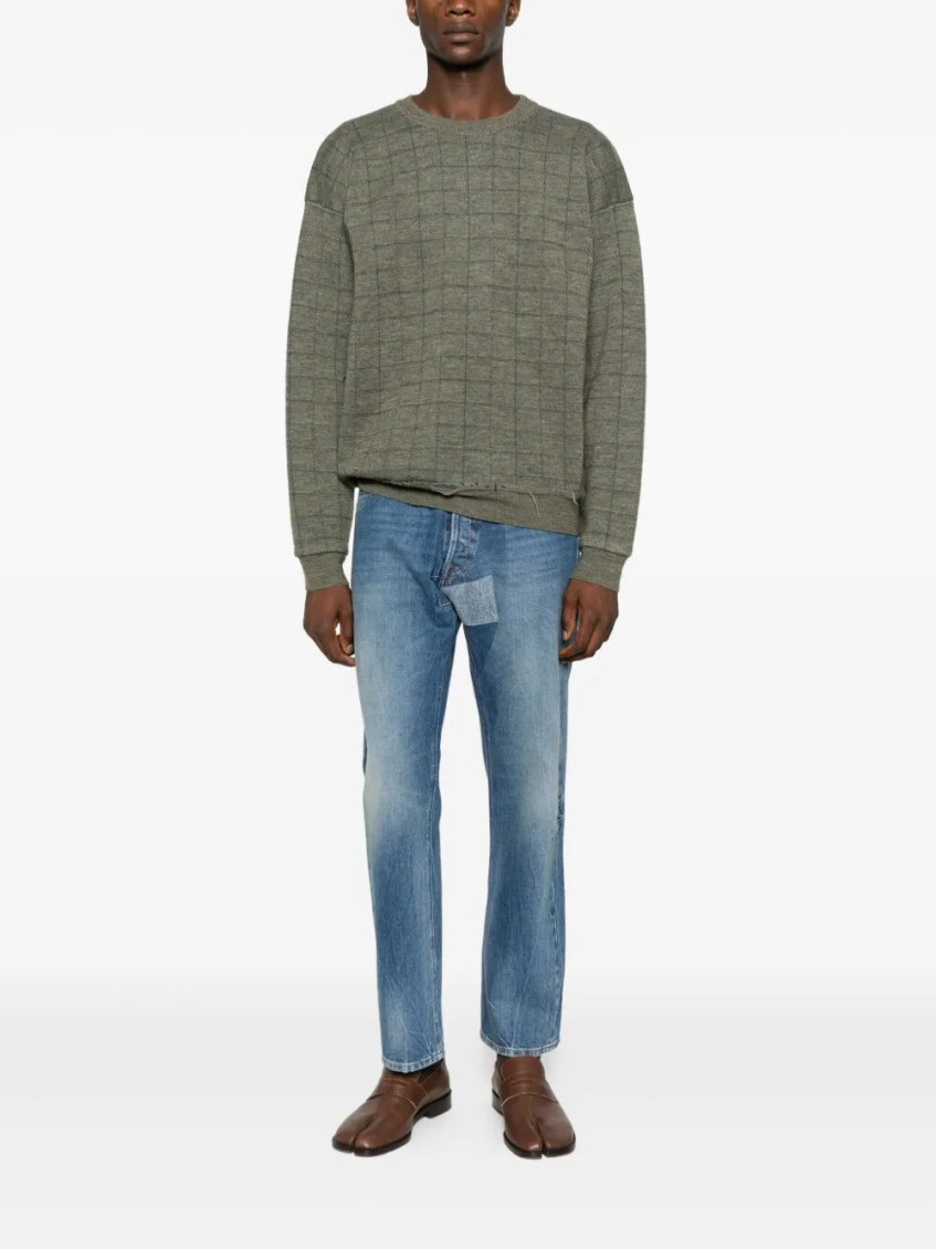 Green Checked Distressed Sweater