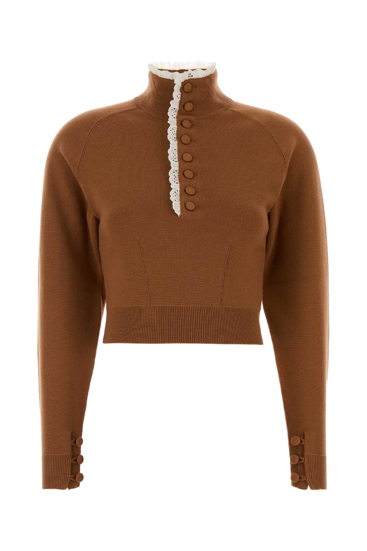 Lace-Trimmed Wool Sweater — Brown