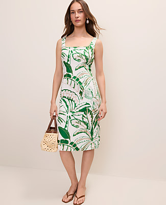 Ann Taylor Petite Palm Tree Print Column Midi Dress in Linen Blend
