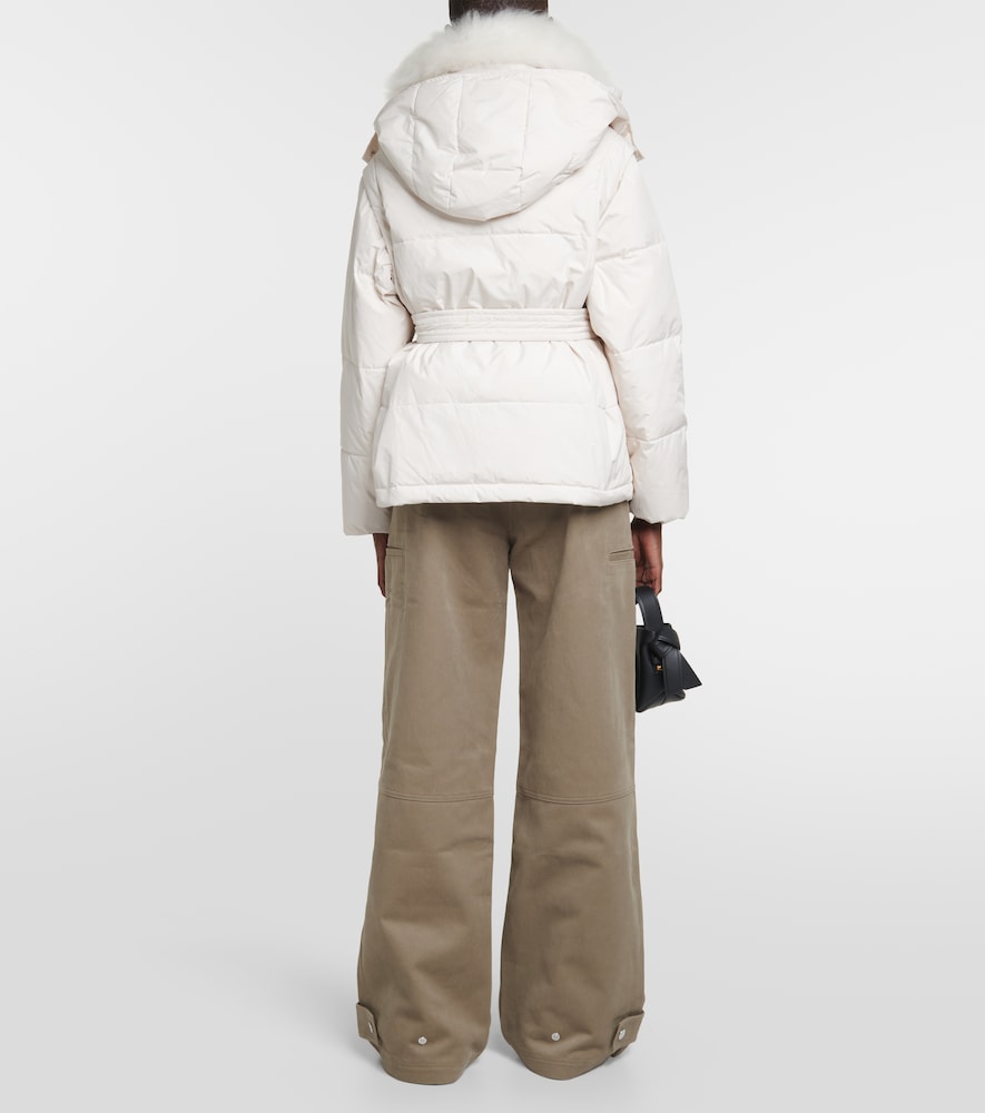 Belted shearling-trimmed down jacket
