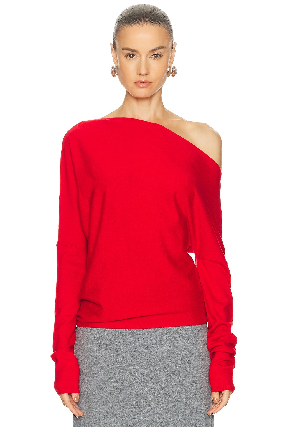 SRG Yolaine Cashmere Off-shoulder Sweater in Red. L. Also in XXS, XS, S