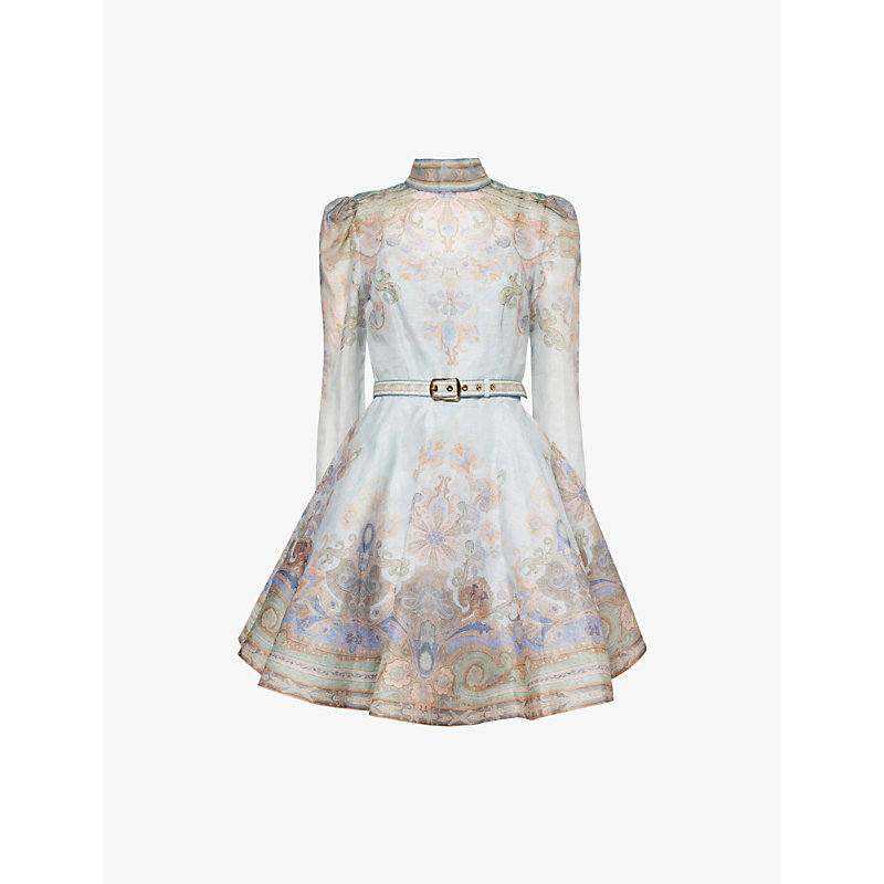 Womens Blue Paisley Eden Belted Flower-and-paisley-print Linen and Silk-blend Mini Dress 