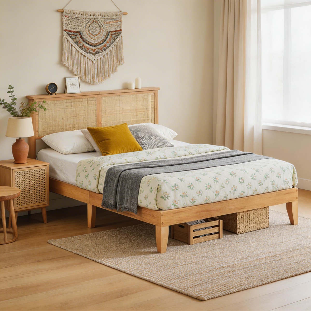 Boho Bed Frame, Rattan Headboard Bed Frame With Led Lights, Noise-Free Platform Light Wood Bed Frame - Brown