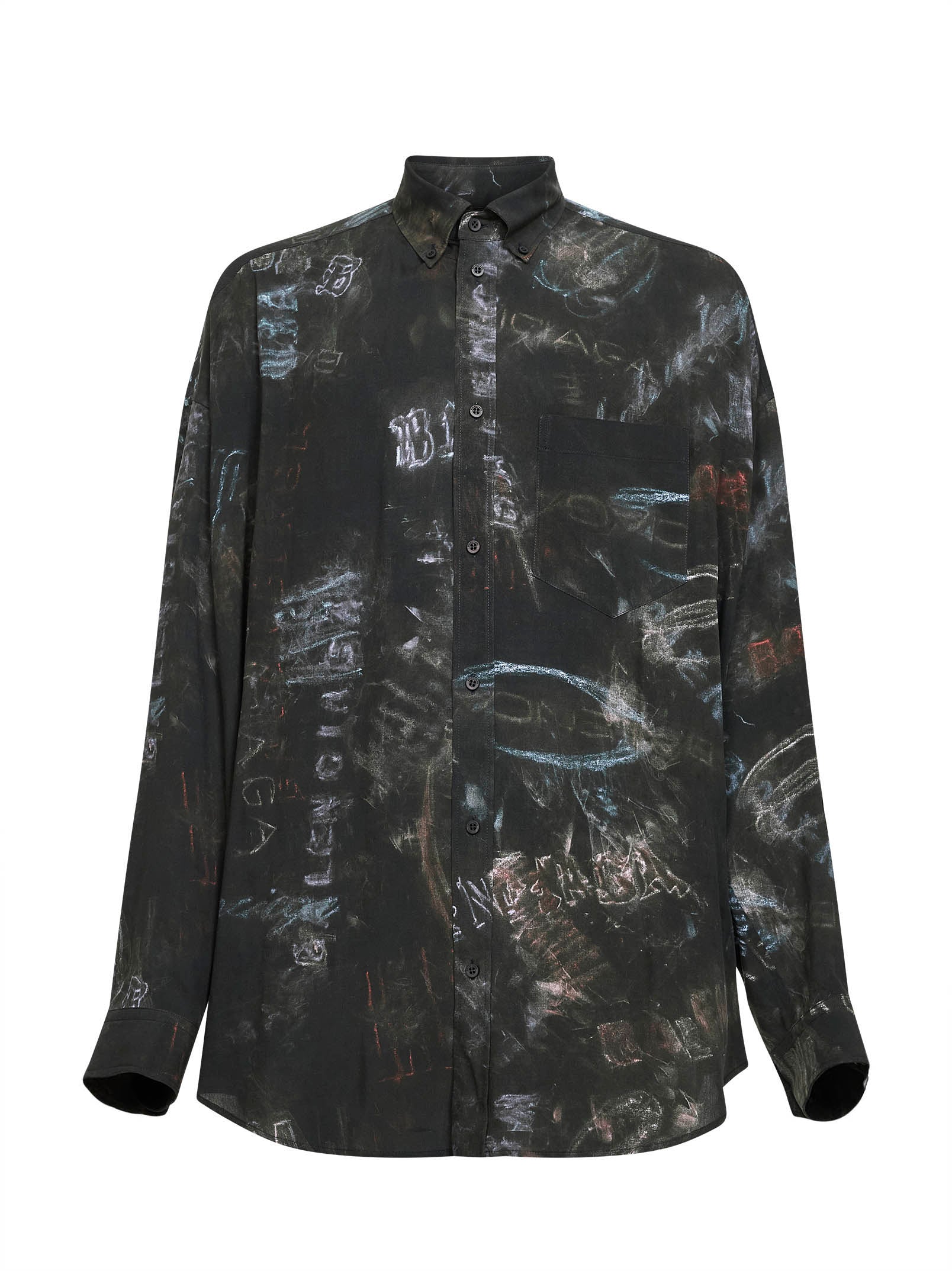 Washed Crayon Print Cocoon Shirt — Black