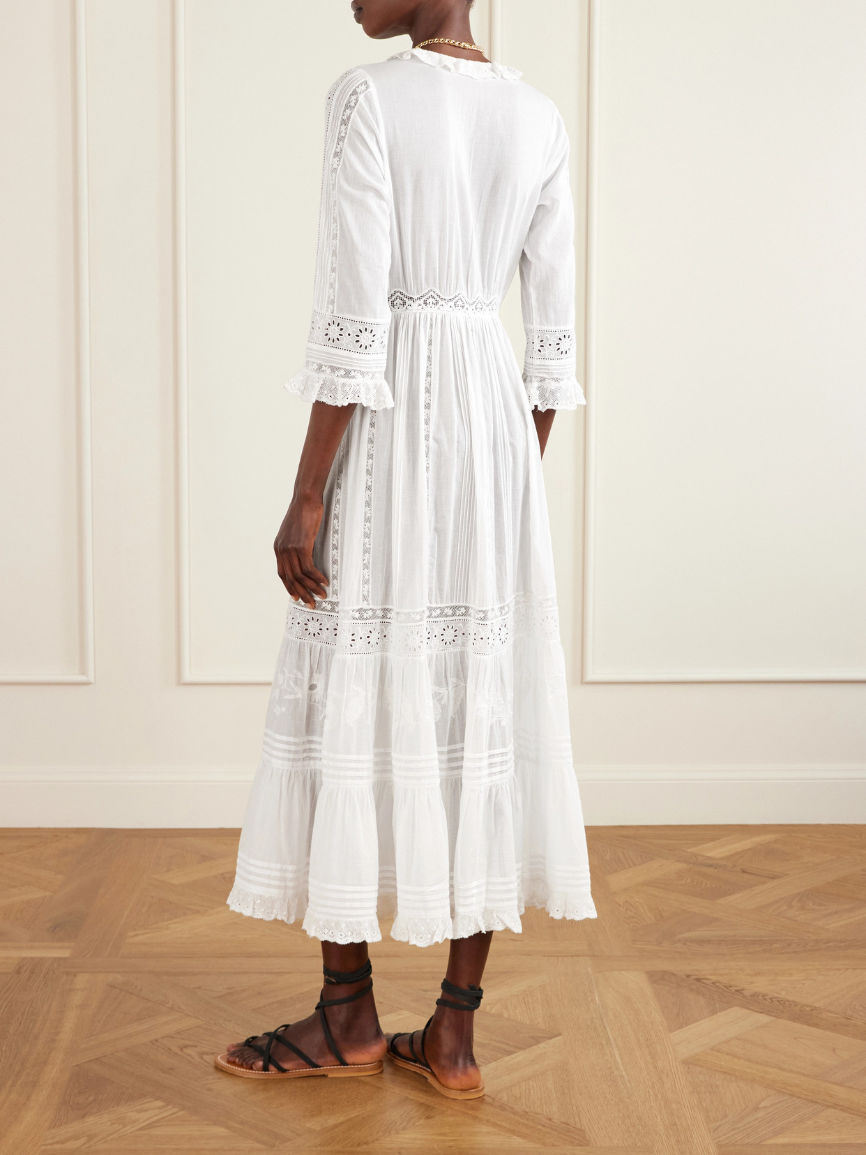 Clemencia Ruffled Lace-trimmed Organic Cotton-voile Midi Dress - White