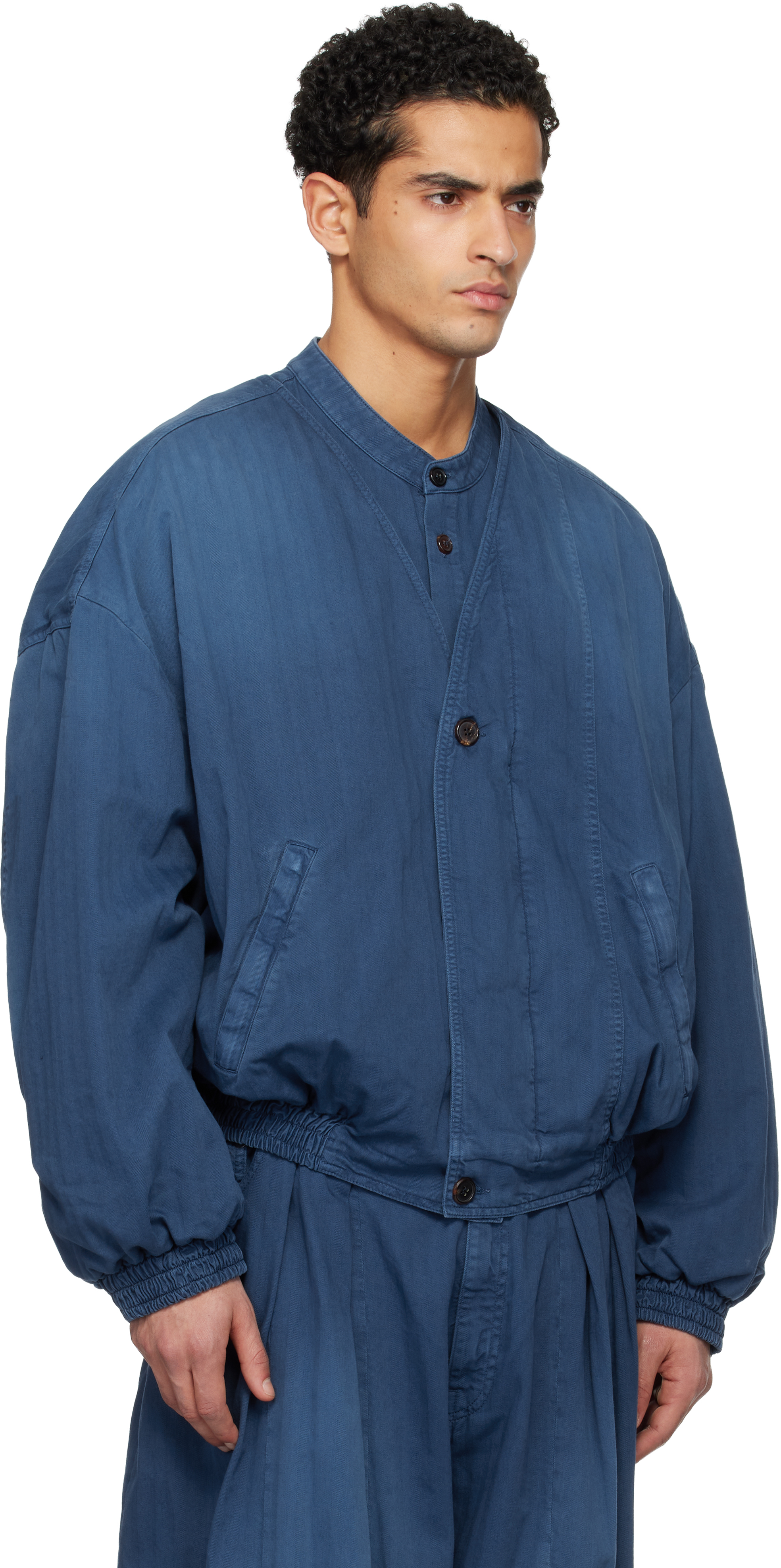 Blue Herringbone Denim Bomber Jacket
