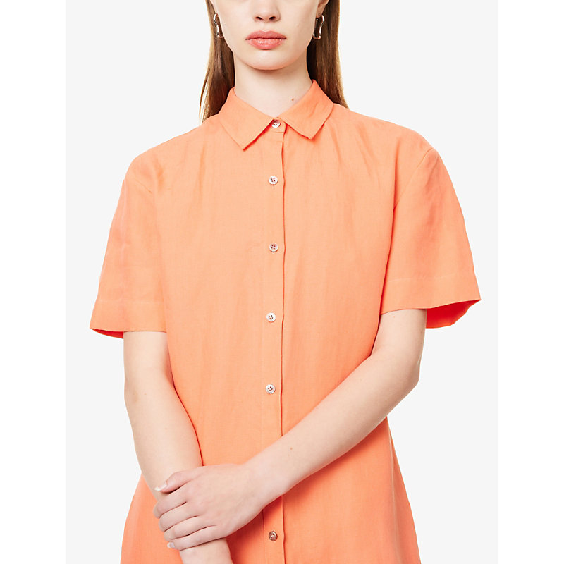 Womens Bright Coral Collar Linen Midi Dress