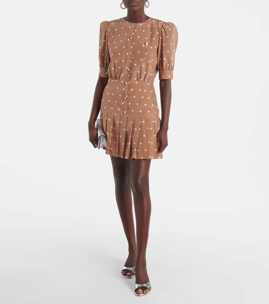 Pleated polka-dot silk minidress