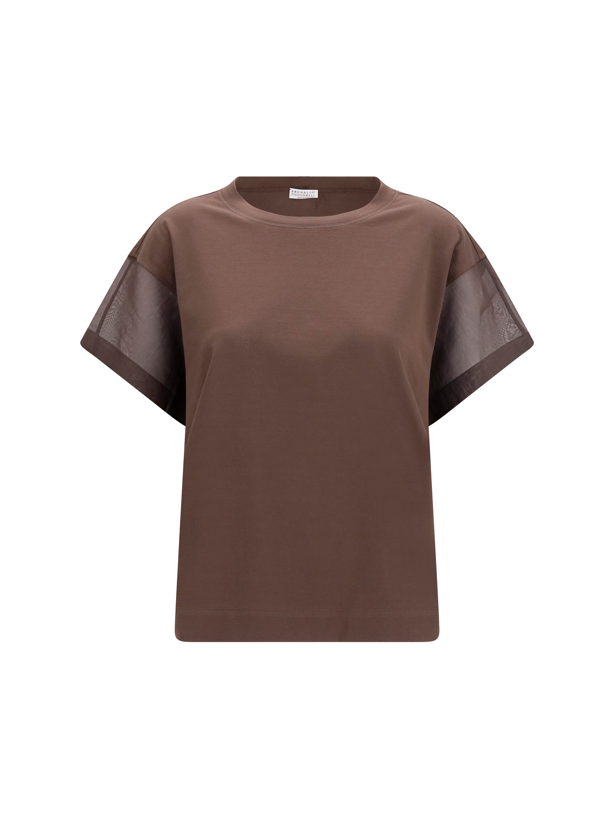 Cotton with Sheer Sleeves T-Shirt — Brown