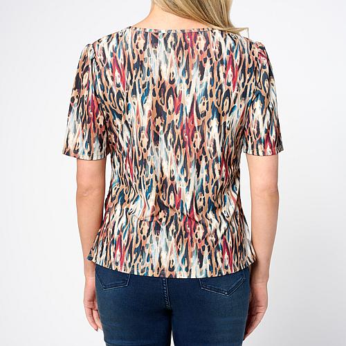 Jaclyn Smith Scoop Neck Side Ruched Tee - Tobacco Brown Combo