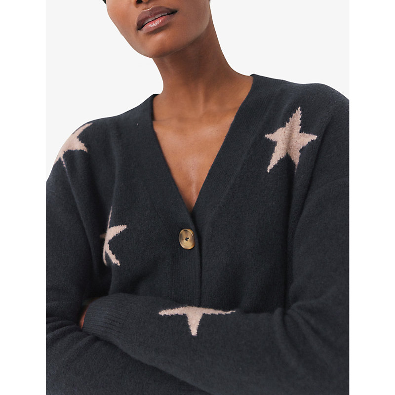 Womens Navy Star-intarsia Round-neck Organic Cotton-blend Knitted Cardigan 