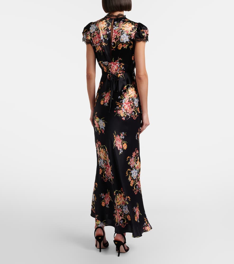 Floral lace-trimmed silk midi dress