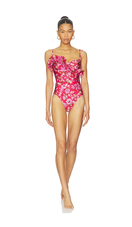PatBO Peony Print Lycra Ruffle Bodysuit in Red. - XS also in S