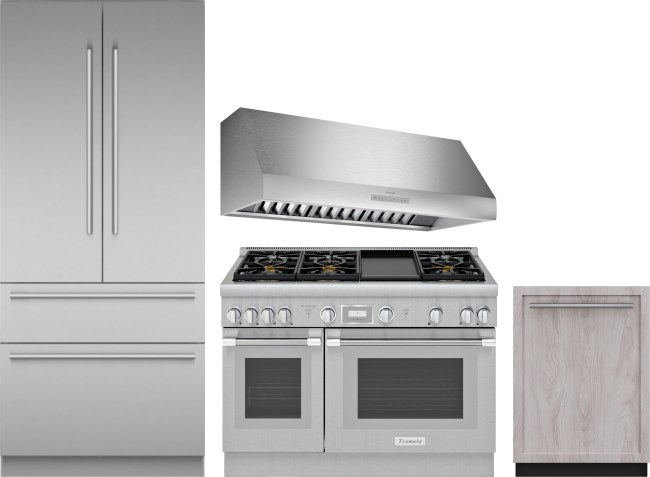Thermador 4 Piece Kitchen Appliances Package with French Door Refrigerator, Dual Fuel Range and Dishwasher in Stainless Steel THRERARHDW
