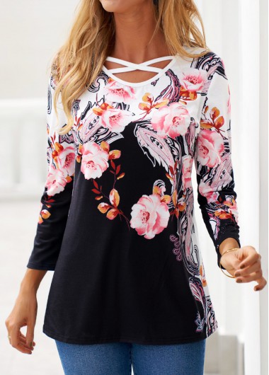 Modlily Black Criss Cross Floral Print T Shirt