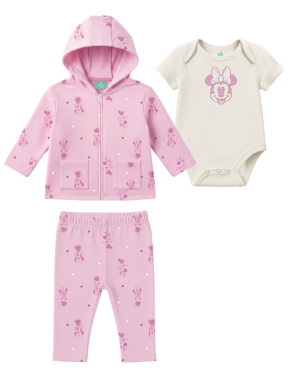 Baby Girls' Minnie Mouse Bodysuit, Jacket & Pants, 3-Piece Set - Pink