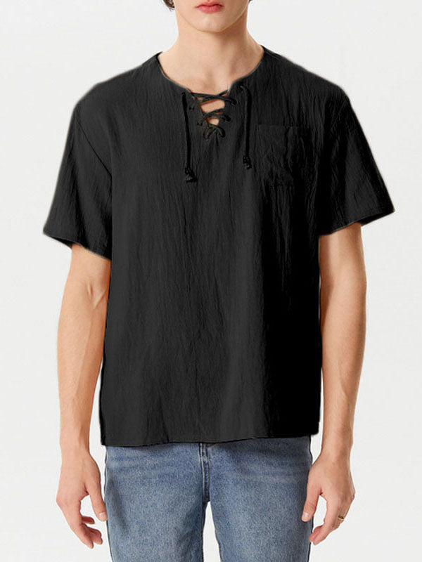 Mens Eyelet Drawstring Casual Short-sleeved Shirts SKUI90676 - Black / S