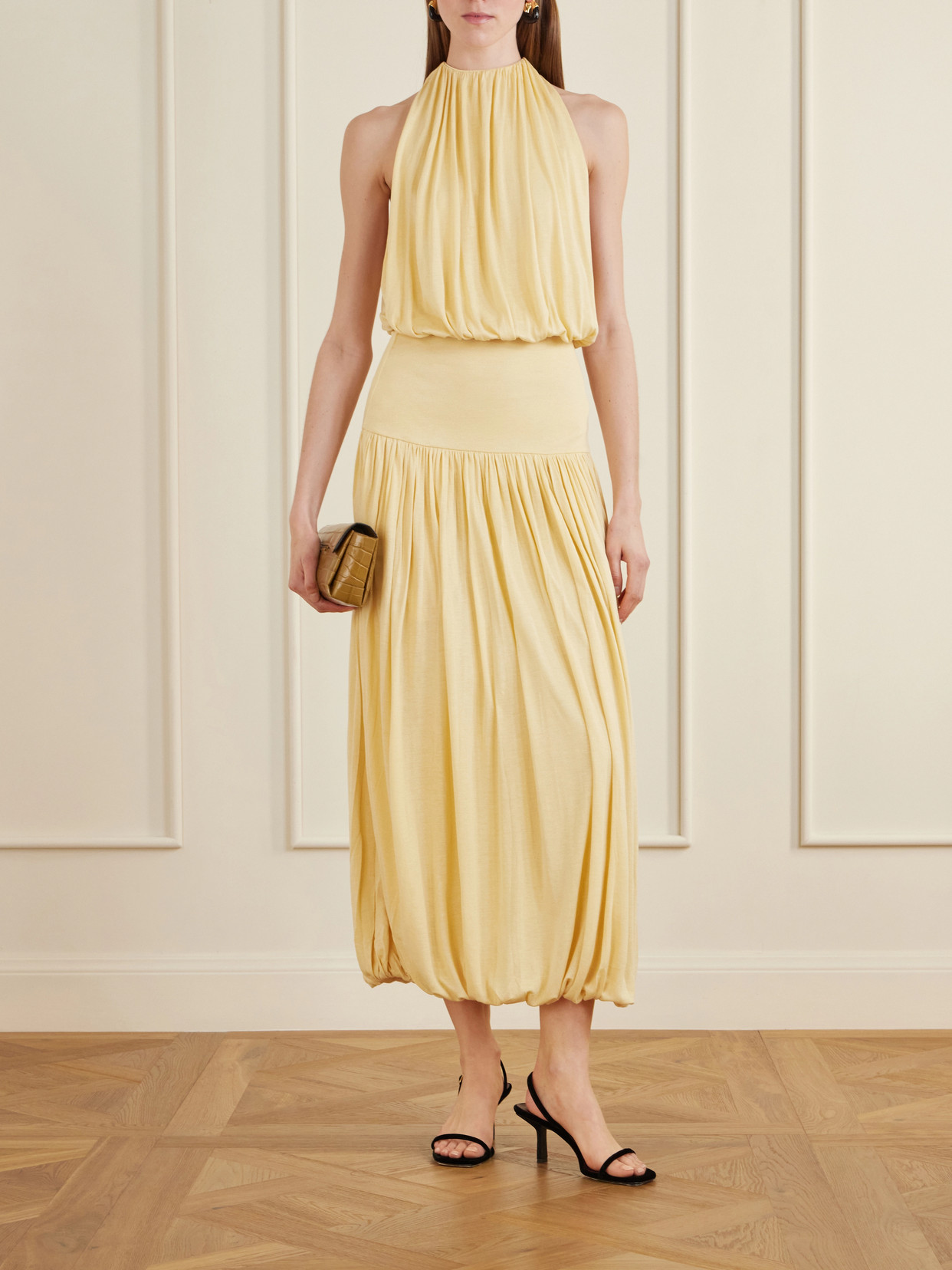 Gathered Jersey Midi Dress - Yellow