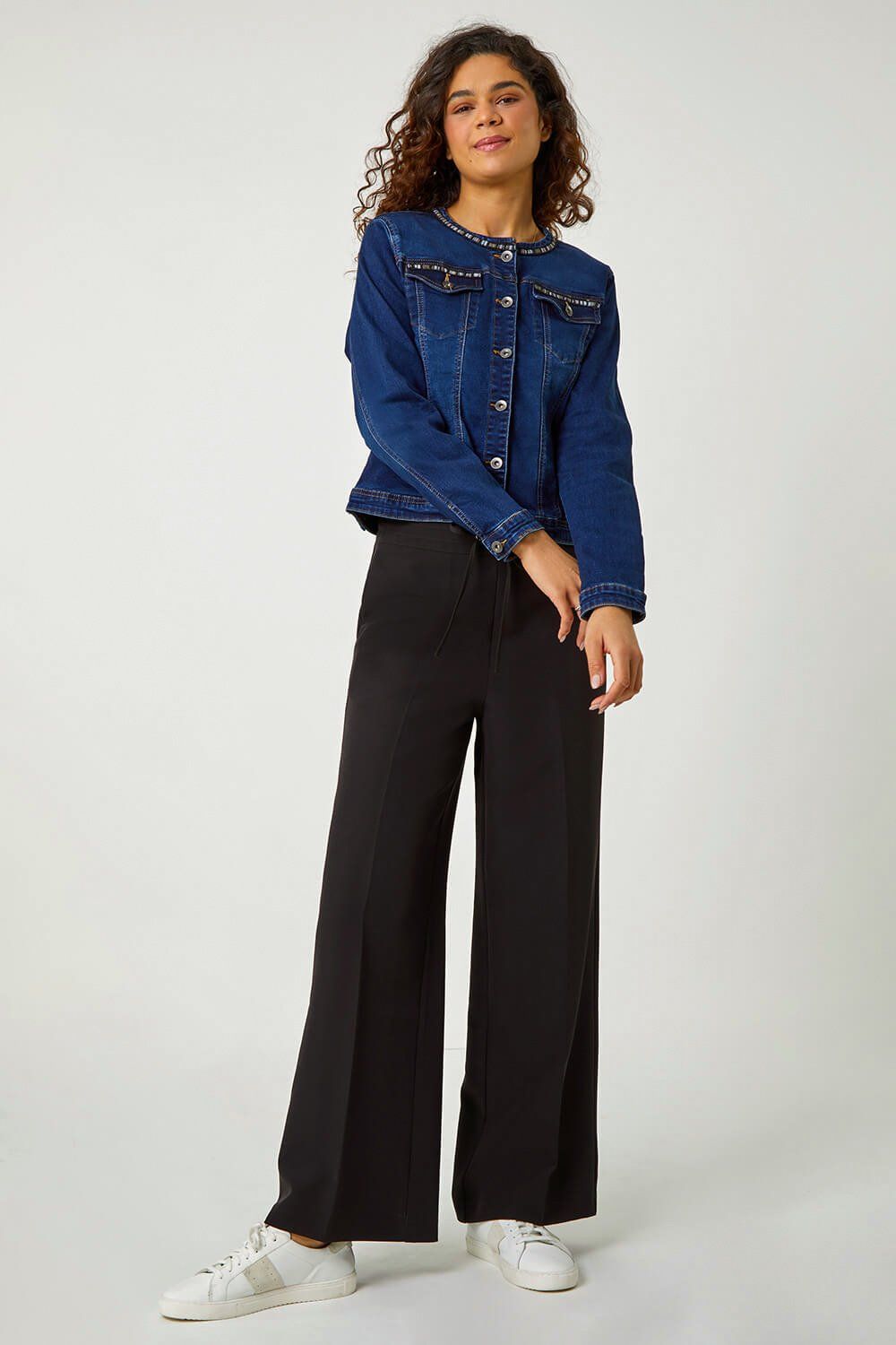 Roman Women's Collarless Tape Stretch Denim Jacket in Indigo