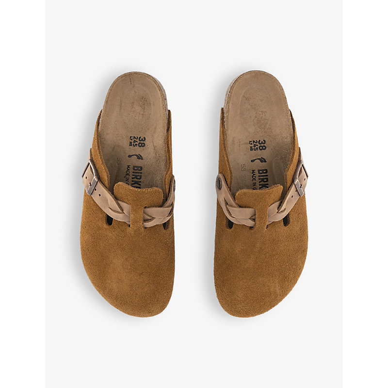 Womens Braided Mink Boston Logo-embossed Suede Clogs