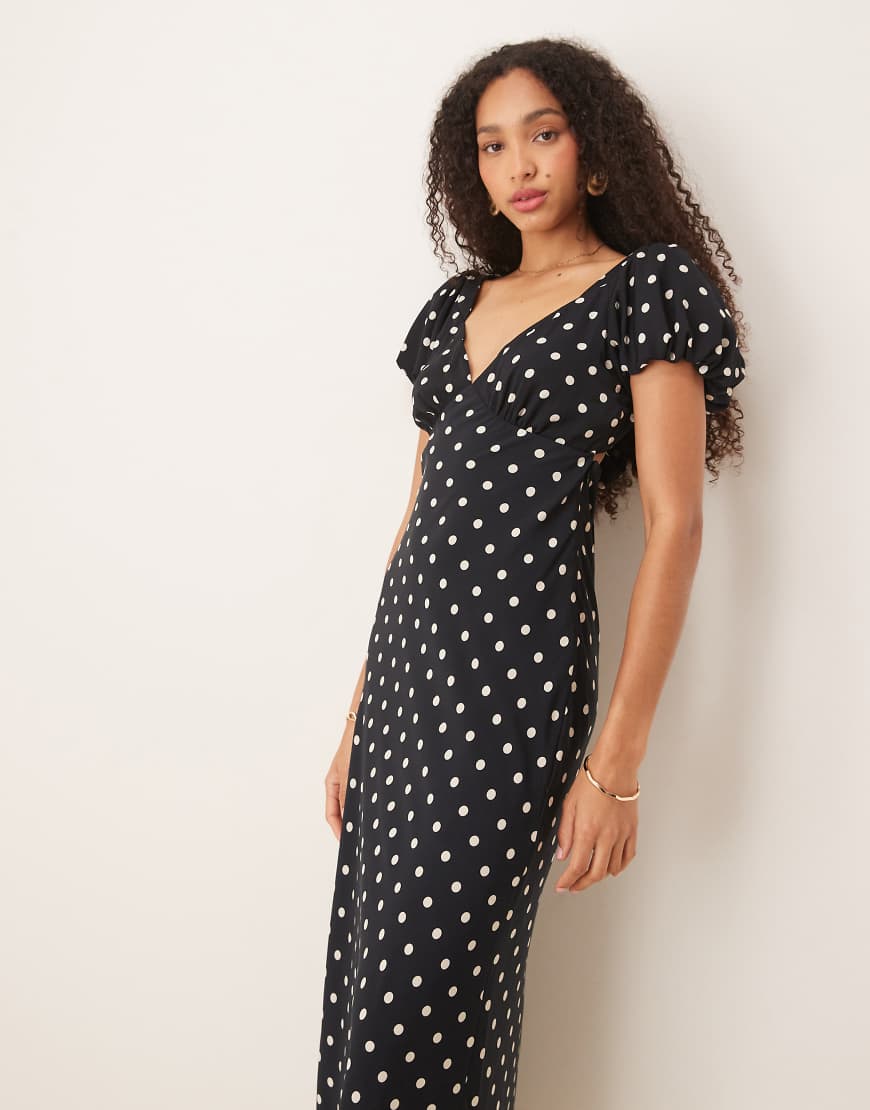 Abercrombie & Fitch puff sleeve tie back slip maxi dress in black polka dot-White