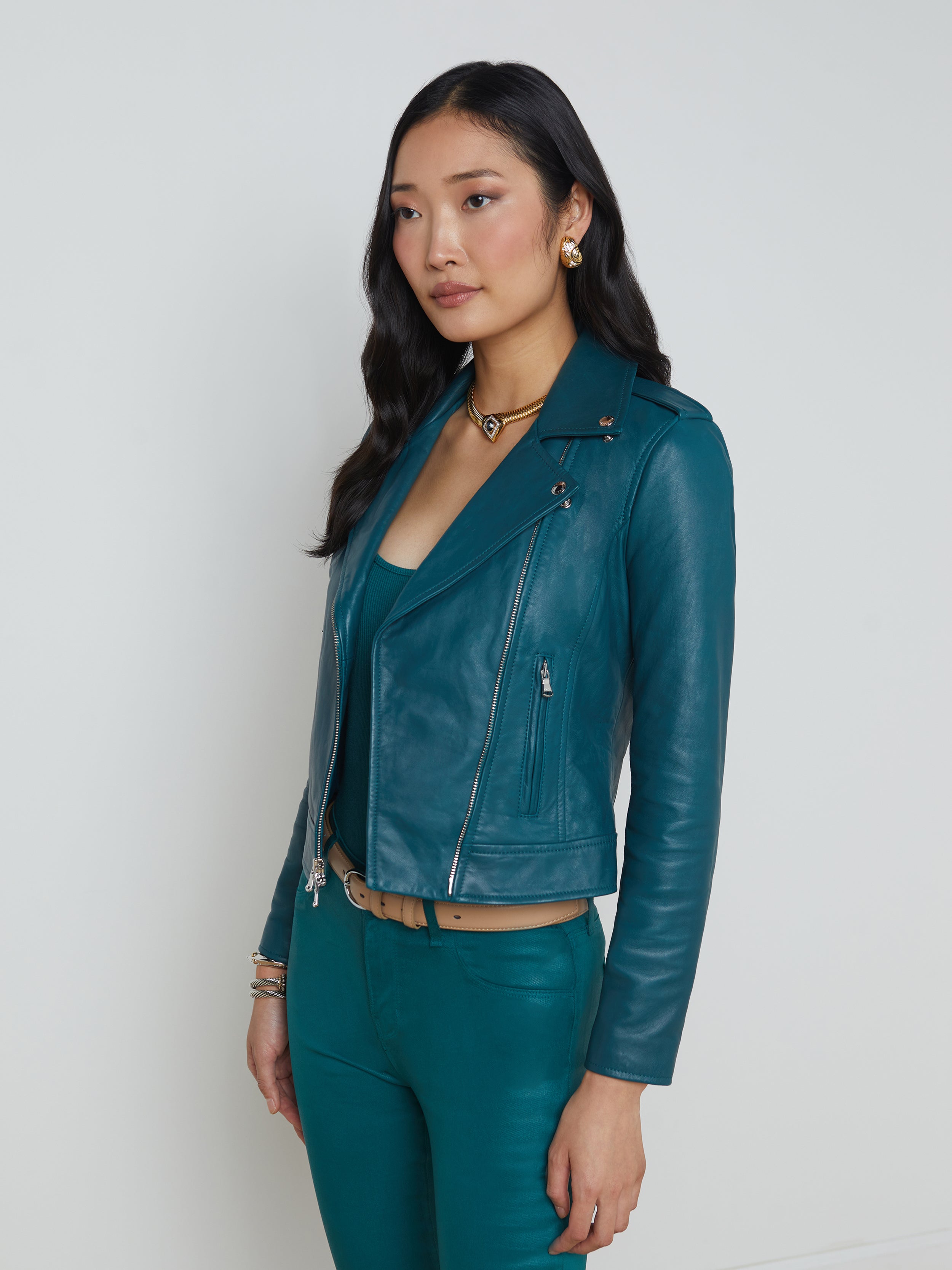 Leather Biker Jacket In Dark Teal